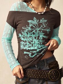 Bohemela Women's Slogan Print Contrast Lace Long Sleeve Fashion T-Shirt - Coffee Brown - View 1