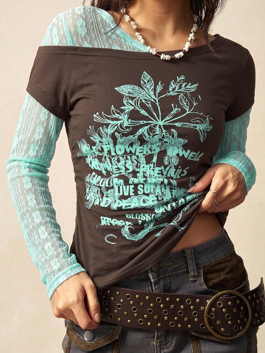 Bohemela Women's Slogan Print Contrast Lace Long Sleeve Fashion T-Shirt - Coffee Brown - View 1
