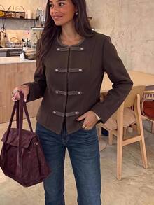 Brillora Napoleon-Style Brown Slim-Fit Jacket,Military Style Jacket,Daily Commute,Office,Old Money Style,Winter Jacket,Chic,Vintage - Brown - View 2