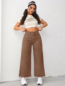 SHEIN CURVE+ بنطلون جينز مقاس كبير مغسول بلون موحد - بني - مشاهدة 5