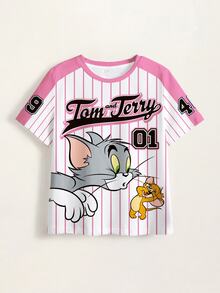 TOM & JERRY X SHEIN Tween Girl Letter Cartoon Print Casual Daily Short Sleeve T-Shirt - White - View 4