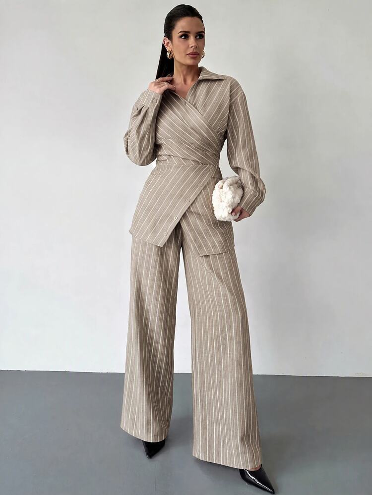 Firerie Women's Button Pleated Waist Blouse And Striped Long Pants 2 Pieces Set - Khaki - View 4