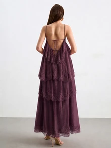 Willow Rêve Gaun Maxi Tencel Wanita dengan Tali Leher dan Hiasan Renda Bertingkat, Gaun Liburan Elegan - Purple - View 2