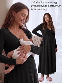 Slowluna Maternity Nursing Dress With Pleated Design, Minimalist Style For Pregnant And Postpartum Women - Black - View 6