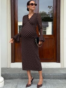 MaterniWear Maternity Spliced Lace V-Neck Polka Dot Print Flared Sleeve Fitted Elegant Dress - Brown - View 5