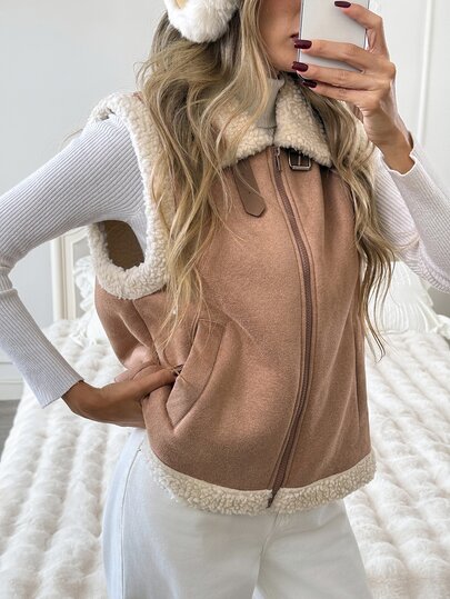 Easowa Women's Sleeveless Vest Contrast Color Suede & Faux Fur Composite Casual Relaxed Elegant Commute Old Money Style Regular Jacket, Autumn/Winter
