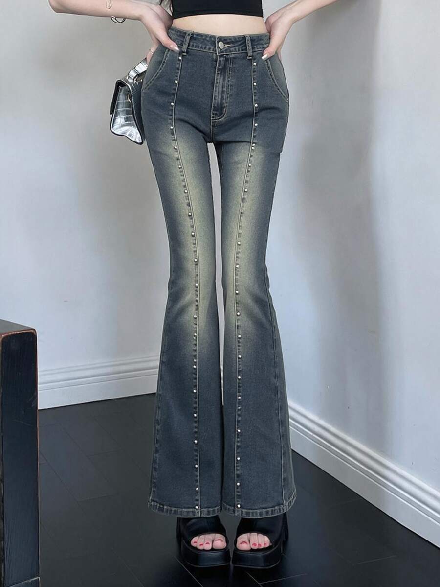 DAZY Women's Blue Washed Distressed High Waist Skinny Flare Leg Jeans With Rivet Design, Casual Street Style - Blue - View 1
