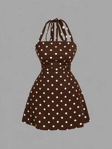 SHEIN MOD Polka Dot Pattern Women's Halter Neck Short Dress - Brown - View 3