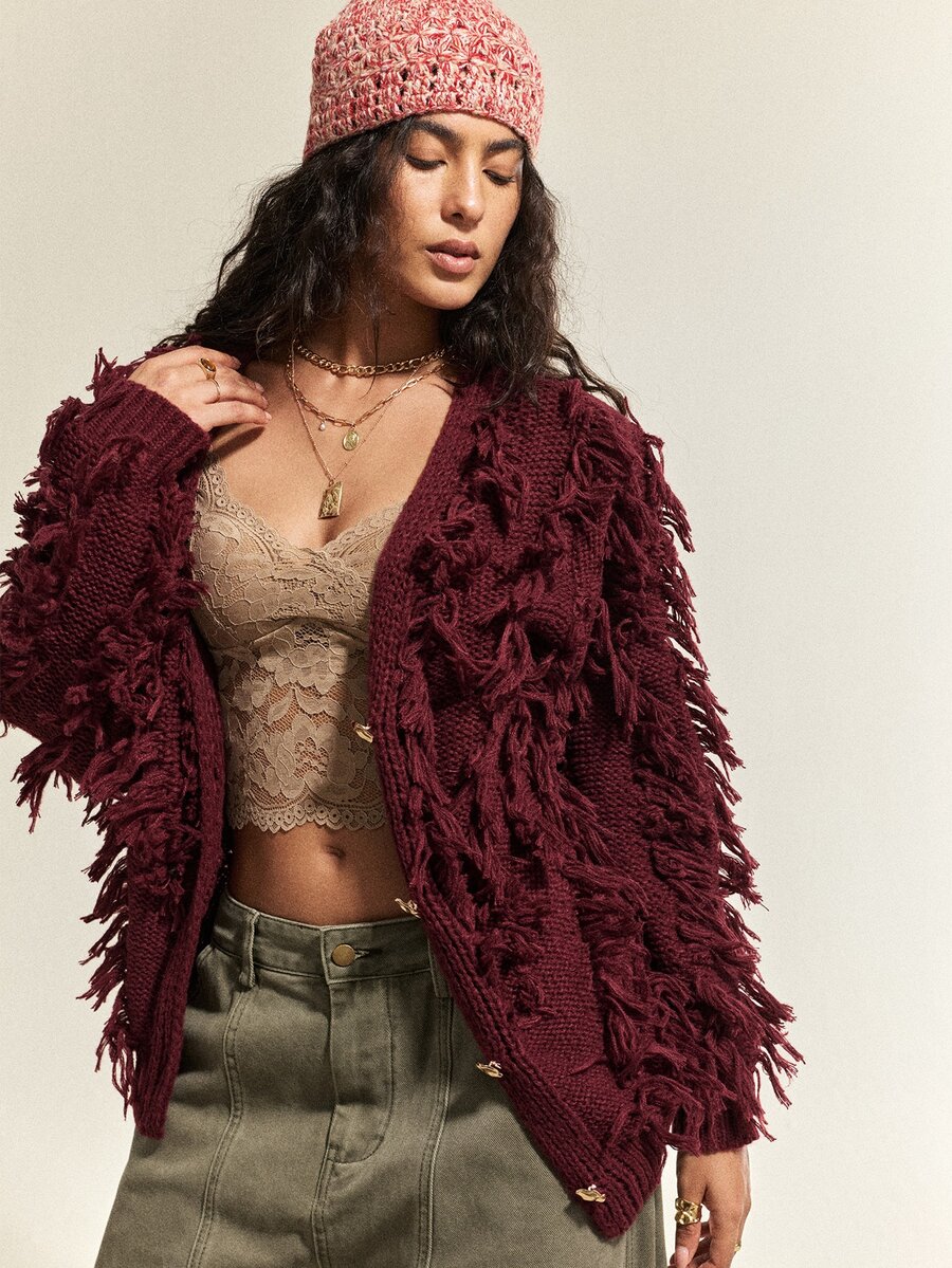 SoleilVie Women's Solid Color Tassel Design Casual Knit Cardigan - Burgundy - View 1