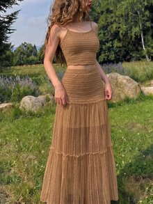SHEIN MOD 女款純色細肩帶上衣與百褶裙休閒度假兩件套 - 駝色 - 查看 5