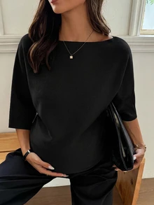 Dazy Maternity 寬鬆素色休閒短袖日常穿著初秋孕婦針織衫 - 黑色 - 查看 4