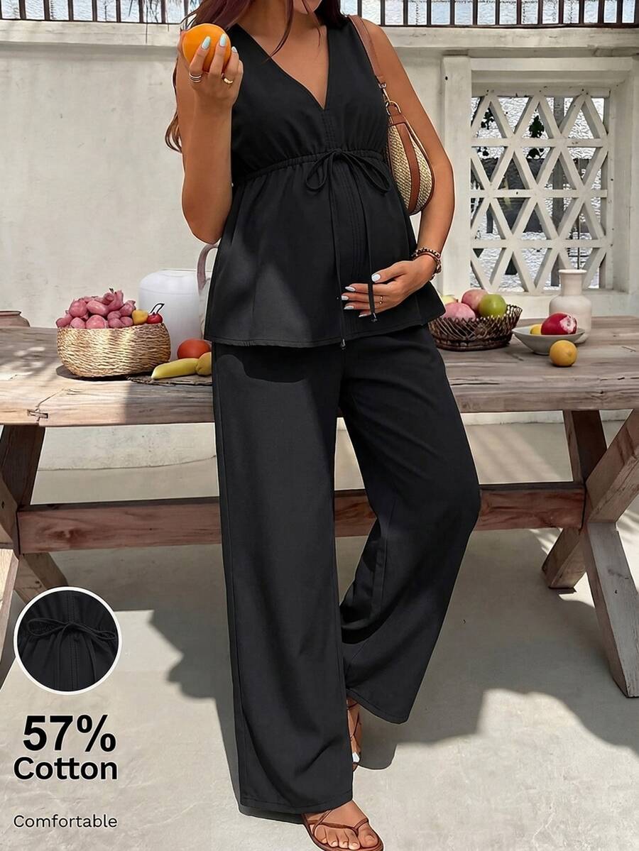 SHEIN Maternity Waist Tie Sleeveless Top And Long Pants Casual Denim 2 Pieces Set - Black - View 1