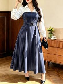 Auvina Plus Size Women's Striped Colorblock Casual Daily Summer Dress - Royal Blue - View 1