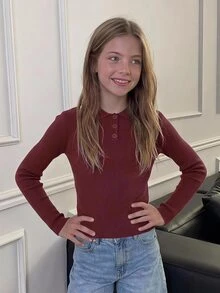 DAZY Polo Collar Fitted Long Sleeve Basic Knit Top For Tween Girls Autumn/Winter - Brown - View 4