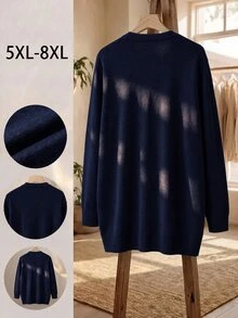 SHEIN CURVE+ Plain Casual Long Sleeve Plus Size Cardigan In Fall/Winter - Navy Blue - View 2