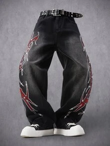 Manfinity Denimwave 男士時尚嘻哈街頭夜店哥德風現代水鑽設計黑色水洗牛仔寬腿褲 - 黑色 - 查看 3
