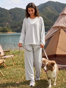 Exploreva طقم نسائي من قطعتين بتصميم طبقات وهمية، ملابس علوية بأكمام طويلة وبنطال، كاجوال للاستخدام اليومي والرياضي - رمادي غامق - مشاهدة 5