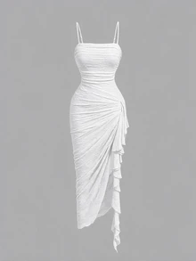 SHEIN MOD Women's Pleated Patchwork Ruffle Elegant Spaghetti Strap Midi Dress - White - View 4