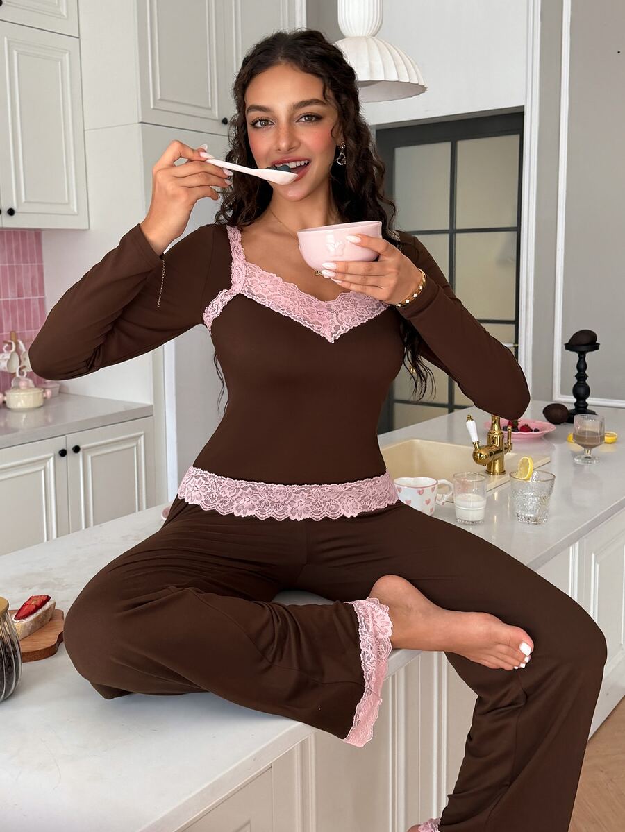 SweetSlumber طقم بيجامة نسائي مثير من الدانتيل المحبوك بأكمام طويلة وبنطال - بني - مشاهدة 1