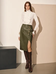 MOTF PREMIUM Rok Kulit Wanita Elegan untuk Komuter, Motif Kancing, Musim Gugur/Dingin - Olive Green - View 3