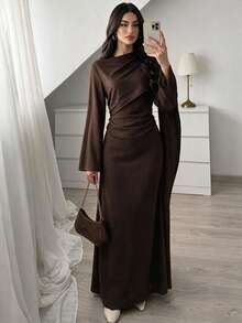 Elenzga Women's Autumn/Winter Fashion Casual Patchwork Design Ruched Waist Flare Sleeve Long Dress, Suitable For Daily Wear, Shopping And Dating - Brown - View 4