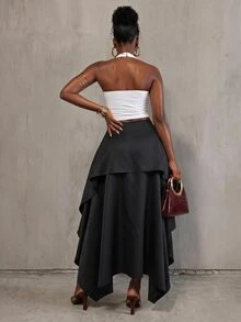 BamGlimmer Black Asymmetrical Long Skirt Fluid Woven Fabric High Waist Loose A-Line Layered Hem Design Hip Silhouette Classy Elegant Party Date Night Fall - Black - View 3