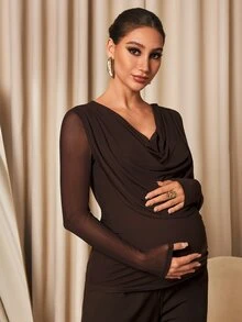 MaterniChic Maternity Solid Color Cowl Neck Contrast Mesh Long Sleeve T-Shirt - Brown - View 5