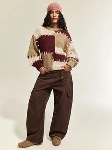 SoleilVie Women's Korean Style Color Block Long Sleeve Sweater For Vacation And Travel - Brown - View 3