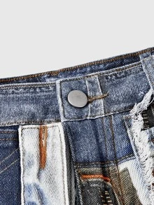 ROMWE Street Life Street Retro Patchwork Faux Print Mini Denim Skirt For Women - Blue - View 3