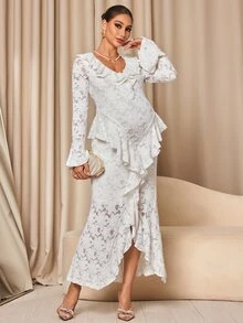 MaterniChic Maternity Lotus Collar Flare Sleeve Split Hem Elegant Dress - White - View 5