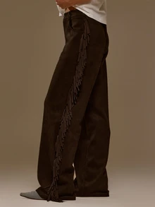 MUSERA Celana Panjang Model Lurus Pinggang Sedang dengan Rumbai Samping Bahan Suede Imitasi untuk Musim Gugur dan Musim Dingin, Gaya Koboi Barat yang Imut - Hitam - View 3
