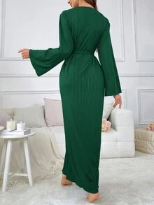 SHEIN 標準尺寸純色女款居家休閒晨袍 - 軍綠色 - 查看 7