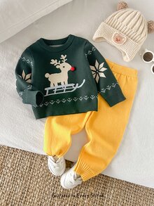 Cozy Pixies 男嬰針織套裝 秋冬時尚新品 圓領套頭毛衣 + 黃色純色針織長褲 2件套 - 彩色 - 查看 4