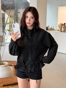 K-Vae Women's Black Single-Breasted Long Sleeve Casual Drawstring Jacket - Black - View 7