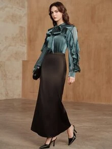 Anewsta New Elegant Fashion Loose Ruffle Tie-Front Blouse For Women - Cadet Blue - View 6
