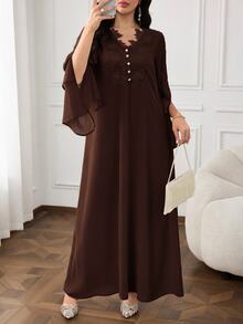 Al Najma Women's Button Decor Lace Solid Color Loose Arabian Dress - Coffee Brown - View 3