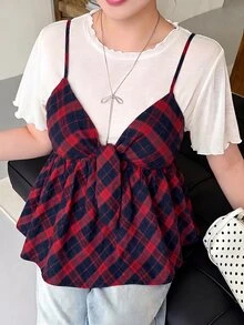 Bijouette 大尺碼女款夏季時尚休閒優雅浪漫極簡度假格紋兩件套，白色針織圓領短袖上衣與格紋V領細肩帶背心，大尺碼女款兩件套，白色女款兩件套與藍色女款兩件套，櫻花季末限量版大尺碼藍白格紋蝴蝶結背心兩件套 - 紅色 - 查看 3