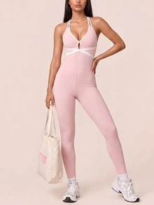 SHEIN BAE Women's Contrast Trim Halter Neck Hollow Out Casual Sports Jumpsuit - Baby Pink - View 3