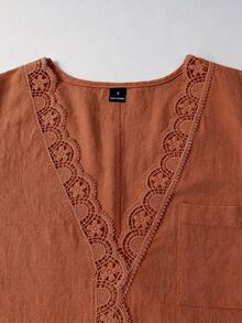 Linhara CURVE Blus Kasual Musim Gugur Renda Patchwork Wanita Ukuran Plus - Jeruk - View 6