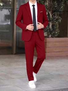 SHEIN 2pcs/Set Kids Tween Boy Summer Casual Academy Cute Gentleman Outfit Solid Color Blazer & Elastic Waist Formal Pants Set Suitable For Birthday Party, Evening Event, Performance, Wedding - Red - View 3