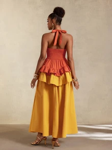 BamGlimmer Women's Colorblock Cutout Design Patchwork Ruffle Trim Fashion Halter Neck Dress - Multicolor - View 2