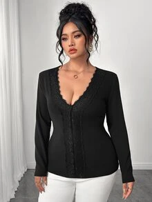Elenzga Plus Size Elegant Lace Double-Sided Fleece Long Sleeve V-Neck T-Shirt, Basic Autumn/Winter Layering Elastic Top - Black - View 3