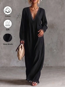 Breezaya Women's Plus Size Cotton Linen Ruffle Patchwork Long Sleeve Dress, Black Beach Bohemian Casual Style, Autumn - Black - View 8