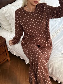 CottageSlumber Vintage Brown Ditsy Floral Home Set, Comfortable Soft Plush Round Neck Long Sleeve Pants 2 Pieces Set - Brown - View 11