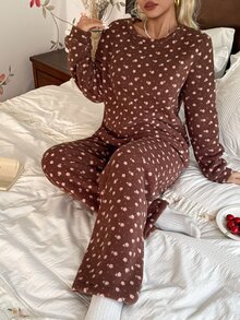 CottageSlumber Vintage Brown Ditsy Floral Home Set, Comfortable Soft Plush Round Neck Long Sleeve Pants 2 Pieces Set - Brown - View 5