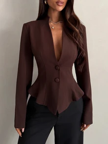 Aloruh Women's Autumn/Winter Blazer, Brown Stand Collar Jacket, Commuter Office Wear - Burgundy - View 8