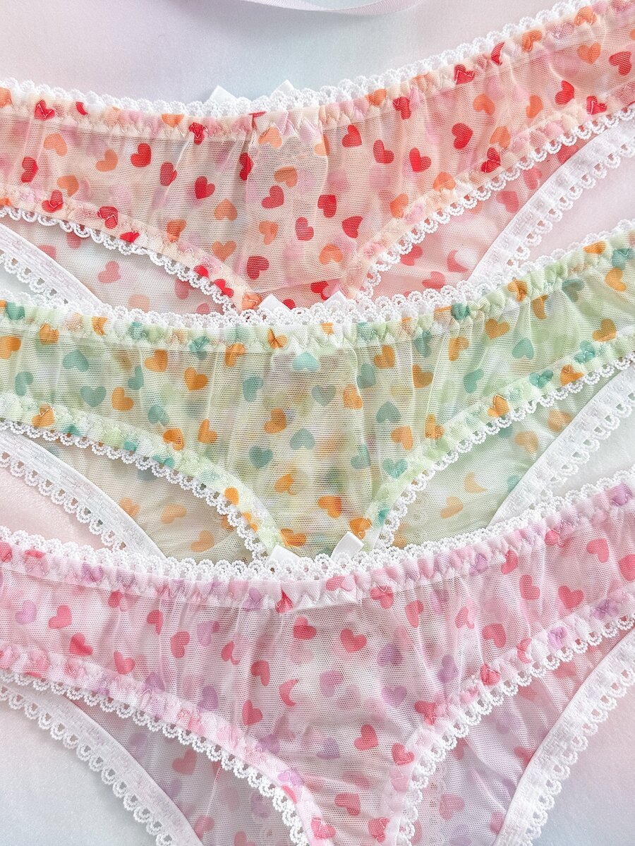Nora Wilde Women's Heart Print Bow Decor Thong Panties 3-Piece Set - Multicolor - View 1