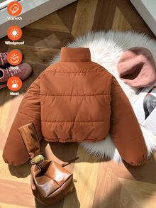 Girls' Winter Padded Coat, Brown With Brown Plaid Lining, Reversible, Suitable For Parties, Gatherings And Daily Commute - Brown - View 9