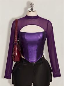SHEIN ICON Women's Plus Size Autumn/Winter Leather & Mesh Patchwork Black Slim Fit T-Shirt - Purple - View 1