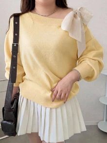 Dazy Plus Contrast Color Cold Shoulder Dropped Shoulder Long Sleeve Bowknot Loose Casual Versatile Pullover Sweater, Spring/Autumn New Arrival - Pale Yellow - View 5